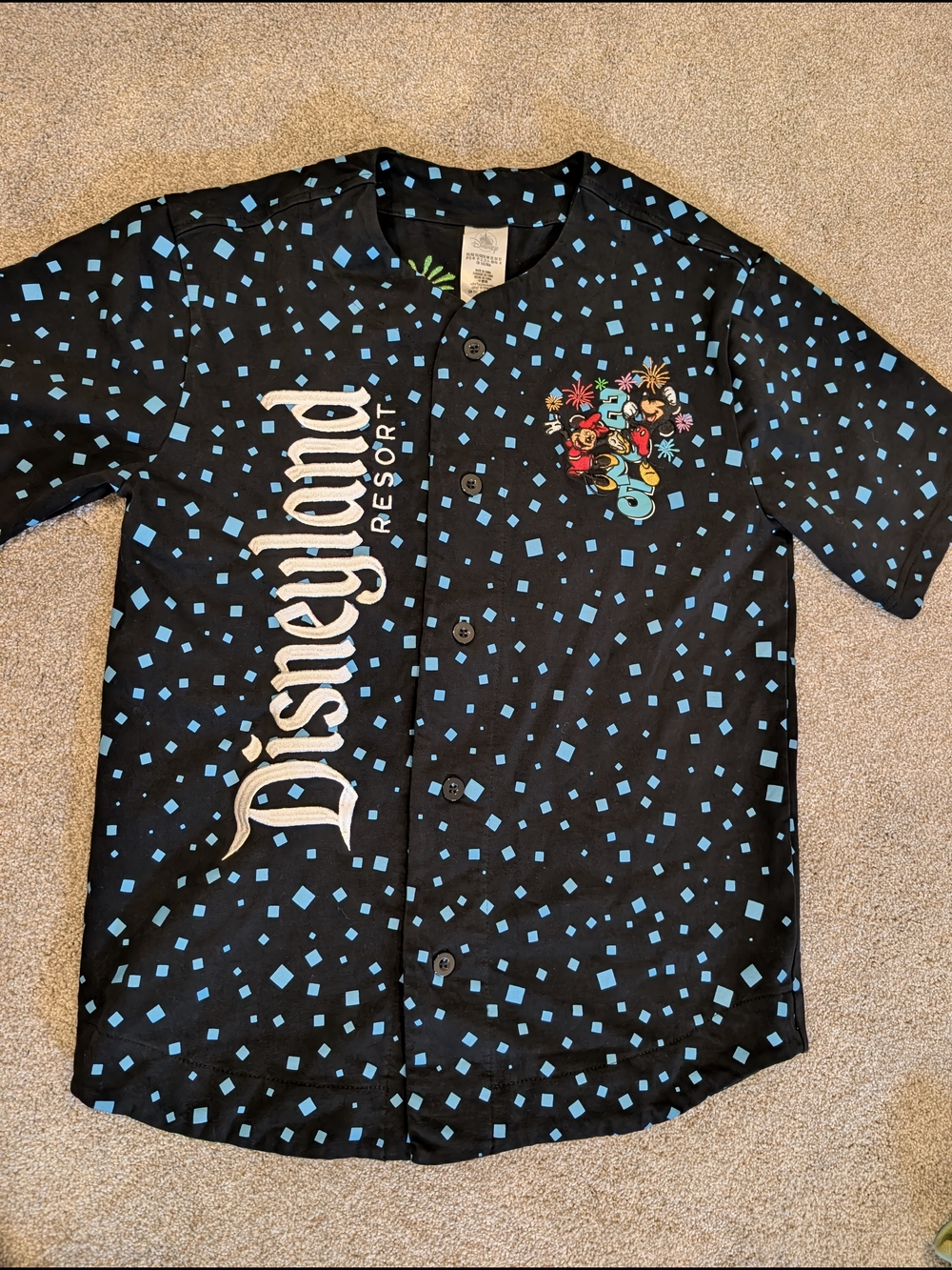 Disney Black Button-Down Shirt with Blue Confetti and Colorful Mickey Cluster XS